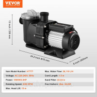 Vevor 316730 Насос для басейну, 1500 Вт/2,0 HP, максимальний потік 115 галлонів за хвилину, одношвидкісний насос для басейну, 220 Vevor 316730 Насос для басейну, 1500 Вт/2,0 HP, максимальний потік 115 галлонів за хвилину, одношвидкісний насос для басейну, 220