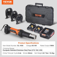 Vevor 316974 Акумуляторні гідравлічні обтискні кліщі, обтискні кліщі для труб, обтискні кліщі з V15 V22 V28