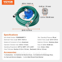 Vevor 316789 Комплект всмоктувальних шлангів, з синім шлангом для зворотного промивання 50,8 мм x 19,81 м, зеленим всмоктувальним Vevor 316789 Комплект всмоктувальних шлангів, з синім шлангом для зворотного промивання 50,8 мм x 19,81 м, зеленим всмоктувальним