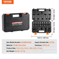 Vevor 316874 Набір торцевих ключів ударних, поворот на 360°, 14 шт., 3/8 дюйма Vevor 316874 Набір торцевих ключів ударних, поворот на 360°, 14 шт., 3/8 дюйма