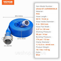 Vevor 317353 Промисловий шланг 50,8 мм x 15,24 м, плоский шланг, пожежний шланг з ПВХ, робочий тиск 58 PSI (4 бар), шланг для Vevor 317353 Промисловий шланг 50,8 мм x 15,24 м, плоский шланг, пожежний шланг з ПВХ, робочий тиск 58 PSI (4 бар), шланг для