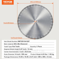 Vevor 318350 Алмазне пильне полотно EVOR Пильне полотно для бетону мокрий/сухий плоский зуб 35 см 10 мм