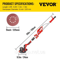 Vevor 318455 Ексцентрикова шліфувальна машина Шліфувальна машина для гіпсокартону 225 мм 750 Вт шліфувальна машина зі