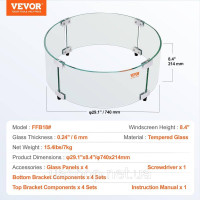 Vevor 317614 Камінне лобове скло 740 x 214 мм кругле скло вогнезахист товщиною 6 мм пожежний стіл аксесуар прозоре загартоване