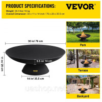 Vevor 317712 Чаша для багаття Діаметр 76 см, Глибина 14 см Кошик для багаття 28 см Артикул Висота Чаша для багаття чавунна, Кошик