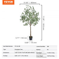 Vevor 317893 Евкаліпт штучний 80x80x181см Штучна рослина ПЕ Штучні рослини Підроблені пластикові рослини в горщику Штучна квітка