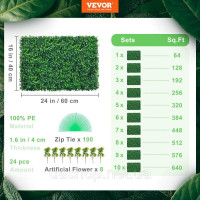 Vevor 317896 Штучна рослинна стіна 24 шт. Штучна зелена огорожа для приватності, Штучна панель самшиту PE, Штучні рослини для