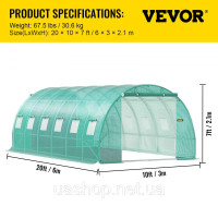 Vevor 318023 Теплиця з арочним дахом 6,1х3х2,1м Теплиця з плівки Оцинкований сталевий каркас і поліетиленова кришка Тепличний Vevor 318023 Теплиця з арочним дахом 6,1х3х2,1м Теплиця з плівки Оцинкований сталевий каркас і поліетиленова кришка Тепличний