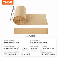 Vevor 318033 джутова тканина 50x50 гессенська декоративна тканина джутова стрічка 355ммx45,7м
