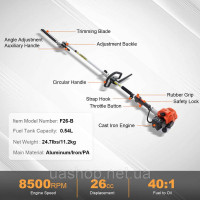 Vevor 318150 26 CC 2-тактний бензиновий тример для живоплоту, бензиновий тример з довгою рукояткою та двостороннім лезом подвійної Vevor 318150 26 CC 2-тактний бензиновий тример для живоплоту, бензиновий тример з довгою рукояткою та двостороннім лезом подвійної