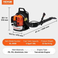 Vevor 318173 Рюкзак для повітродувки листя 62 CC 2-тактний бензиновий повітродувник для листя 1110 CFM Об’єм повітря Vevor 318173 Рюкзак для повітродувки листя 62 CC 2-тактний бензиновий повітродувник для листя 1110 CFM Об’єм повітря