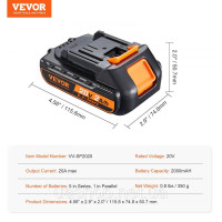 Vevor 318285 Замінний літієвий акумулятор 20V 2000mAh для електроінструментів, макс. вихідний струм 20A, акумулятор із захистом