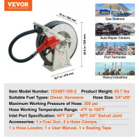 Vevor 318242 Котушка для паливного шланга, висувна котушка для дизельного шланга, 3/4 дюйма x 152,4 см, автоматичний заправний
