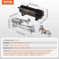 Vevor 310087 Комплект буксирувальних клаксонів, комплект з 4-х труб, 150 дБ буксирувальні клаксони для пікапів, повітряний Vevor 310087 Комплект буксирувальних клаксонів, комплект з 4-х труб, 150 дБ буксирувальні клаксони для пікапів, повітряний