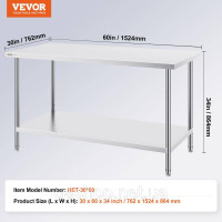 Vevor 311632 Стіл робочо-підготовчий Стіл робочий з нержавіючої сталі 762х1524мм двошаровий Vevor 311632 Стіл робочо-підготовчий Стіл робочий з нержавіючої сталі 762х1524мм двошаровий