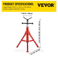 Vevor 313488 Стійка для труб з вуглецевої сталі V-Head Max. Вантажопідйомність 1134 кг Опора для труб Висота регулюється від 61 до