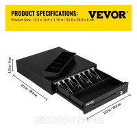Vevor 315205 Грошова шухляда, квадратна, 33 см, 3 способи розблокування, роз'єм RJ11/RJ12, 4 відділення для купюр та 5 відділень Vevor 315205 Грошова шухляда, квадратна, 33 см, 3 способи розблокування, роз'єм RJ11/RJ12, 4 відділення для купюр та 5 відділень