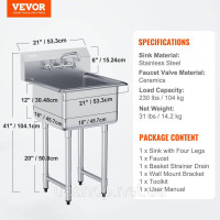Vevor 311789 Мийка Commercial Utility & Prep Мийка на 1 відділення з нержавіючої сталі задня панель