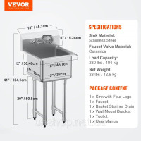 Vevor 311791 Мийка Commercial Utility & Prep Мийка на 1 відділення з нержавіючої сталі задня панель