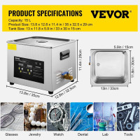 Vevor 313463 Цифровий ультразвуковий очищувач 15L, нагрівач, таймер, 600 Вт, 40 кГц, машина для очищення Vevor 313463 Цифровий ультразвуковий очищувач 15L, нагрівач, таймер, 600 Вт, 40 кГц, машина для очищення