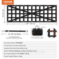 Vevor 314436 Сітка для багажника, 137 x 46 см, сітка для кузова вантажівки з 4 регульованими телескопічними ременями, посилена