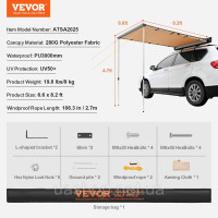 Vevor 317407 Тент для автомобіля 2,01 x 2,5 м, покриття для тіні, боковий тент для автомобіля PU3000 мм UV50+ Vevor 317407 Тент для автомобіля 2,01 x 2,5 м, покриття для тіні, боковий тент для автомобіля PU3000 мм UV50+