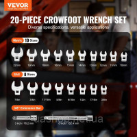 Vevor 316958 Набір гайкових ключів Crowfoot, привід 9,525 мм, 20 предметів, 2 подовжувальні штанги та органайзер для інструментів