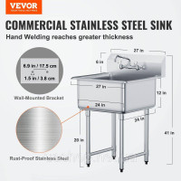 Vevor 311785 Мийка Commercial Utility & Prep Мийка на 1 відділення з нержавіючої сталі задня панель