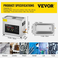 Vevor 313465 Цифровий ультразвуковий очисник 6L, нагрівач, таймер, 400 Вт, ювелірні окуляри Vevor 313465 Цифровий ультразвуковий очисник 6L, нагрівач, таймер, 400 Вт, ювелірні окуляри