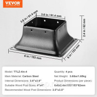Vevor 313176 Набір з 4 гвинтових гільз 153 x 153 x 62 мм Опора стовпа Башмак стовпа з вуглецевої сталі Опора стовпа Підстава