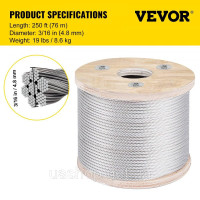 Vevor 313952 Трос 304 з нержавіючої сталі 4,8 мм 7 x 19 сталевий трос 76 м сталевий трос сталевий трос сталевий трос для перил,