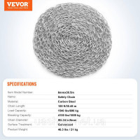 Vevor 314005 Ланцюг робочого навантаження 6 мм x 30,48 м 700 кг, оцинкований, з двох швидкоз'єднувальних ланок з вуглецевої сталі, Vevor 314005 Ланцюг робочого навантаження 6 мм x 30,48 м 700 кг, оцинкований, з двох швидкоз'єднувальних ланок з вуглецевої сталі,