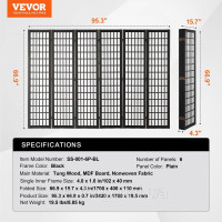 Vevor 315116 Перегородка для кімнати, ширма для забезпечення конфіденційності, японська, 6-елементна, чорна, для розділення