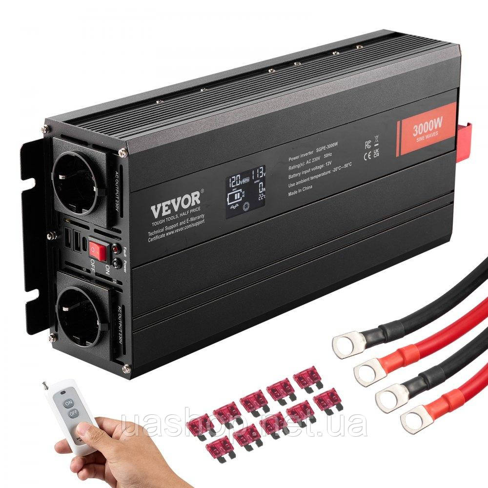 Vevor 316233 Інвертор з чистою синусоїдою 3000 Вт DC12V AC 230 В перетворювач напруги 2 розетки змінного струму 2 порти USB 1 порт