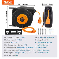 Vevor 316378 Подовжувач 15м 1600Вт кабельний барабан для настінного монтажу