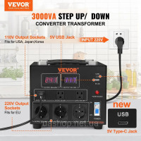 Перетворювач напруги VEVOR 3000VA, трансформатор змінного струму 110 В 220 В, 3 американських 3-контактних вих