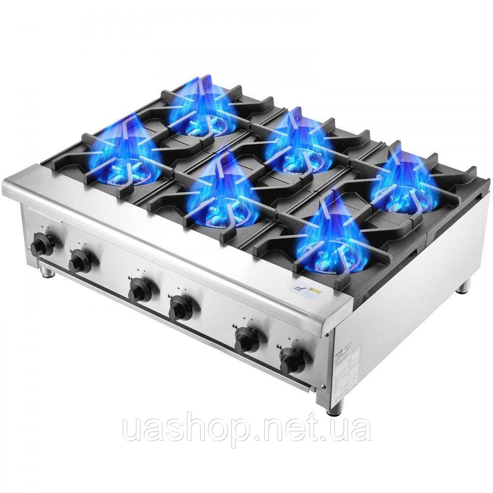Vevor 311951 Комерційна газова плита з 6 конфорками, стільницею, пропановою плитою