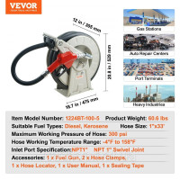 Vevor 318241 Котушка для паливного шланга, висувна котушка для дизельного шланга, 25,4 мм x 10 м, автоматичний заправний сопло