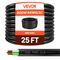 Vevor 316450 Електричний кабель 7,62 м 6AWG, мідний подовжувальний кабель живлення, дріт 600 В