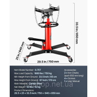 Vevor 310632 Домкрат для коробки передач 750 кг, Домкрат для коробки передач блоку двигуна, діапазон підйому 85-170 см, 2-етапний