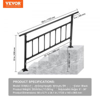 Vevor 315775 Поручень квадратний 172,5x83,5 см Огорожа для сходів на 1-4 сходинки Балясина регульована по висоті і куту нахилу