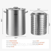 Vevor 311729 Соусник Stockpot 34 л з нержавіючої сталі, кришка для кошика для приготування соусу Vevor 311729 Соусник Stockpot 34 л з нержавіючої сталі, кришка для кошика для приготування соусу
