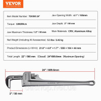 Vevor 316969 Алюмінієвий прямий трубний ключ 24 Регульований сантехнічний ключ CRV Jaw Vevor 316969 Алюмінієвий прямий трубний ключ 24 Регульований сантехнічний ключ CRV Jaw