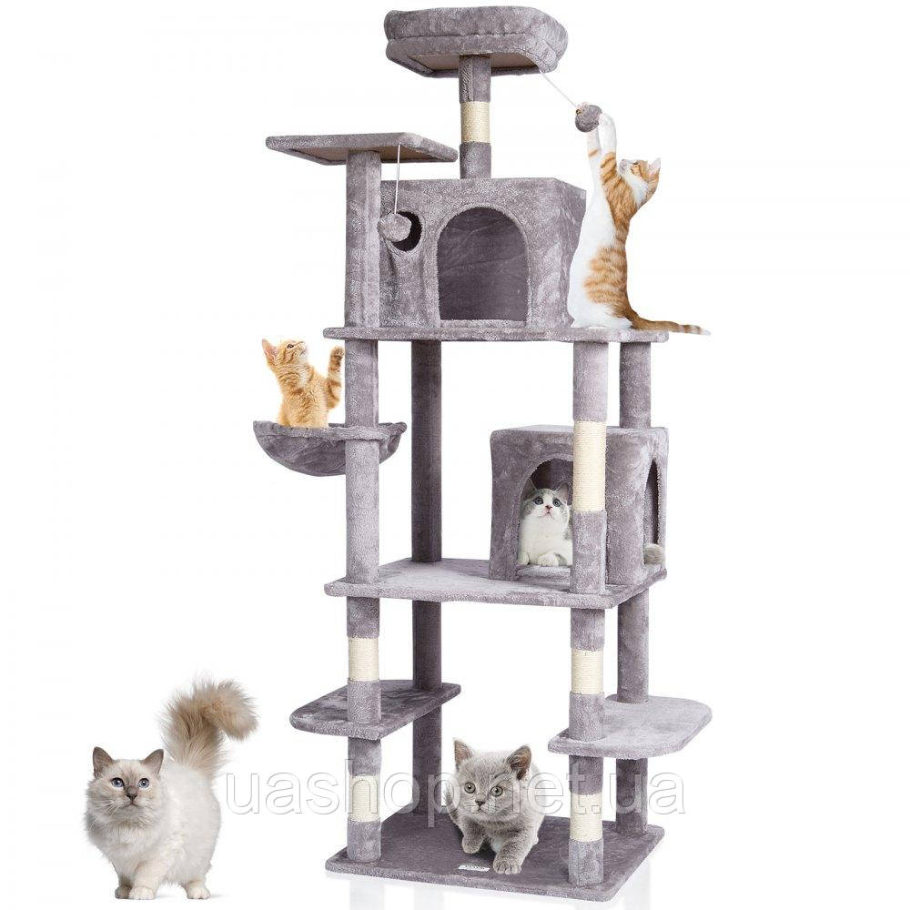 Vevor 313642 Дряпка для котячого дерева Котяча дряпка 2 будиночки для котів, сизаль, 174 см, світло-сірий