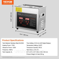 Vevor 313471 Ультразвуковий очищувач Ультразвуковий очищувач з нержавіючої сталі 172 Вт, 3 л Ультразвуковий очищувач з цифровим Vevor 313471 Ультразвуковий очищувач Ультразвуковий очищувач з нержавіючої сталі 172 Вт, 3 л Ультразвуковий очищувач з цифровим