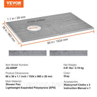 Vevor 315427 Набір водонепроникних душових піддонів, 152,4 x 96,5 см, зі зміщеним зливом, потовщений Vevor 315427 Набір водонепроникних душових піддонів, 152,4 x 96,5 см, зі зміщеним зливом, потовщений