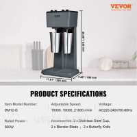 Vevor 312157 Змішувач для напоїв Pro 500 Вт 820 мл, машина для молочних коктейлів з двома головками, 3 регульовані швидкості Vevor 312157 Змішувач для напоїв Pro 500 Вт 820 мл, машина для молочних коктейлів з двома головками, 3 регульовані швидкості