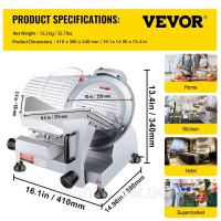 Vevor 312269 Комерційна м'ясорубка 240 Вт, електрична харчова ломтерізка з лезом з вуглецевої сталі 25,4 см, регульованою товщиною Vevor 312269 Комерційна м'ясорубка 240 Вт, електрична харчова ломтерізка з лезом з вуглецевої сталі 25,4 см, регульованою товщиною