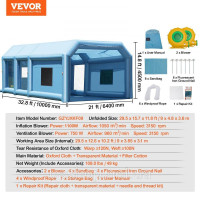 Vevor 310427 Надувна фарбувальна кабіна, 10 х 6,4 х 4,5 м, надувна фарбувальна камера з потужними повітродувками 1100 Вт + 750 Вт.