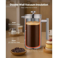 Vevor 312613 Кавоварка French Press 1.5 л з нержавіючої сталі, сріблястий колір